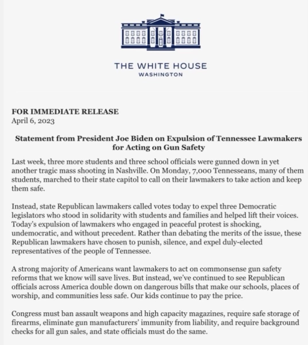 WHITE HOUSE: “Today’s expulsion of lawmakers who engaged in peaceful protest is shocking.” #TennesseeThree <a href="/Justinjpearson/">Justin J. Pearson</a> <a href="/brotherjones_/">Rep. Justin Jones</a> <a href="/VoteGloriaJ/">Rep. Gloria Johnson</a>