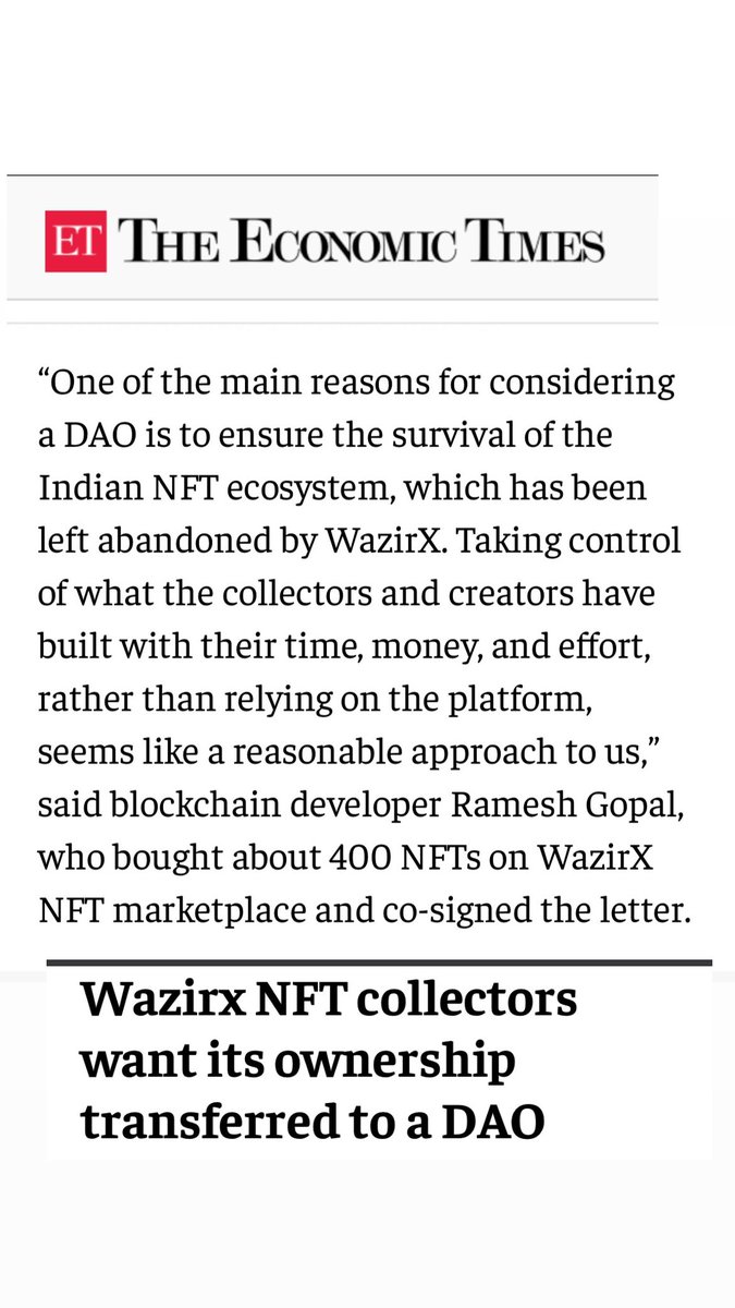 Check out the article by @EconomicTimes where community members and I point out some of the reasons the @WazirXNFT contract ownership should be transferred to community DAO. @coi_nft @kunalkamble @0xDivit @Cryptogod_Naman @imran_quraishi @THENFTVILLAIN @ksbhat_eth @Legendof90s_