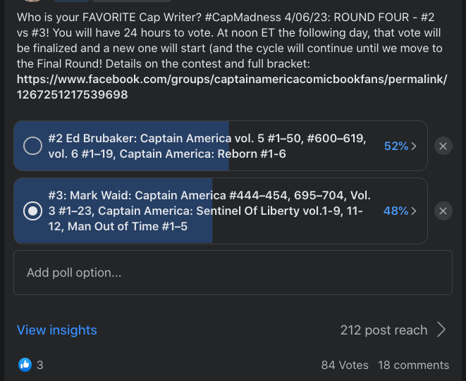 CapComicFans's tweet image. Down to the Final 4 in our Cap Madness Bracket! Who is your favorite #CaptainAmerica writer? #2 seed #EdBrubaker vs #3 seed @MarkWaid! Winner takes on #MarkGruenwald in Finals! Vote on Facebook before 12pm ET 4/7/23 tinyurl.com/33ubs9x6 #MarvelComics