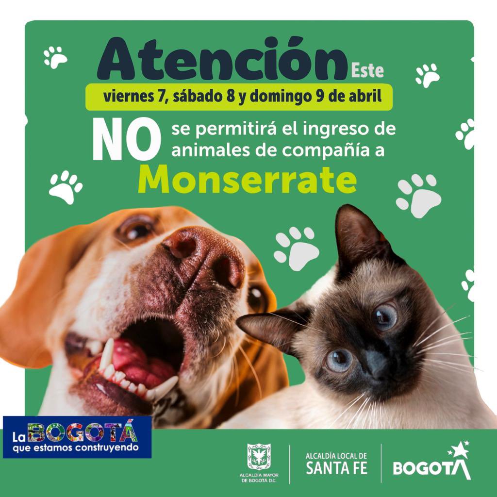AlcaldiaSantaFe's tweet photo. 🚨Atención🚨| Visitantes del cerro de Monserrate. Desde mañana 🗓️viernes 7, hasta el domingo 9 de abril, se restringe el acceso de animales de compañía, por favor abstenerse de llevarlos. Cuida tu mascota 🐈🐕y evita cualquier eventualidad por la alta afluencia de personas. https://t.co/KOqCDVLI4b