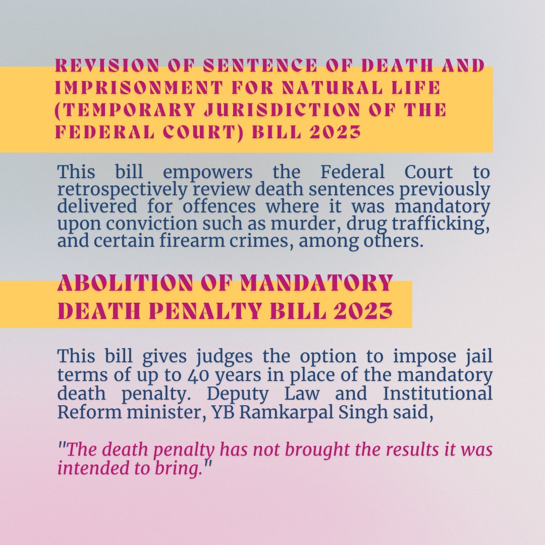 mekarkami's tweet photo. ✅ Revision of Sentence of Death and Imprisonment for Natural Life (Temporary Jurisdiction of the Federal Court) 2023 
✅ Abolition of Mandatory Death Penalty Bill 2023
✅ Penal Code (Amendment) Bill 2023
✅ Criminal Procedure Code (Amendment) Bill 2023

(3/4) https://t.co/nAYzrmQokm