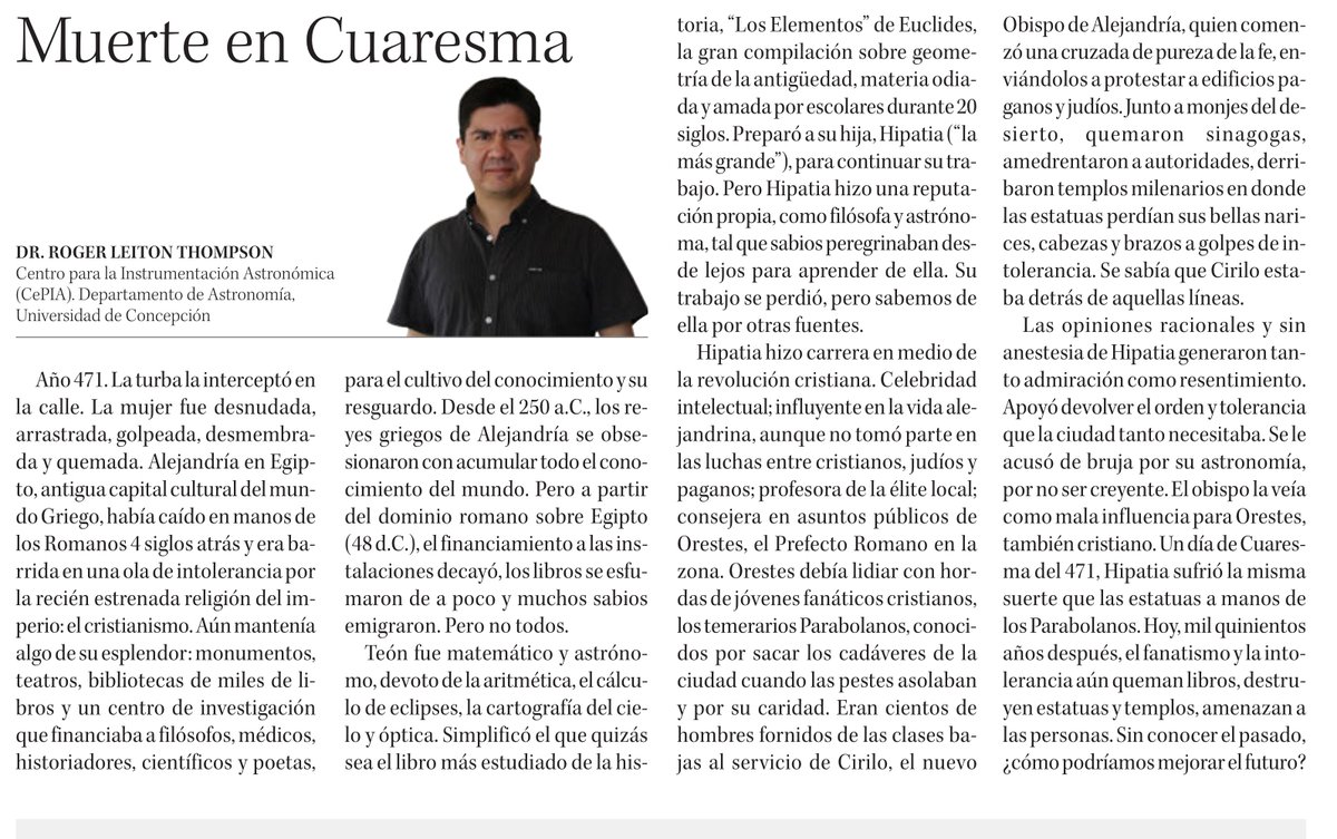 rleitonth's tweet photo. 🔭 ¿Cuán lejos puede llegar la intolerancia? 
Hace más de 1500 años una  matemática y astrónoma griega lo averiguó de la peor forma.

🍮 Lee el resto de esta historia en una de mis antiguas  Columnas de Astronomía  (1/4/2021).

#cuaresma #SemanaSanta  #error #matematica  #mega https://t.co/GwAHuGRMay