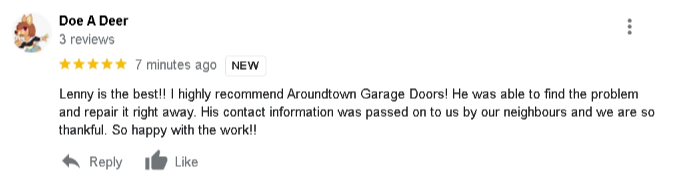 AroundTownDoors's tweet photo. Thanks Debbie for your Five Star Review for Aroundtown Garage Doors Ltd. - We provide garage door service 24/7.  604-259-2534 https://t.co/b6hbfi5iqN
