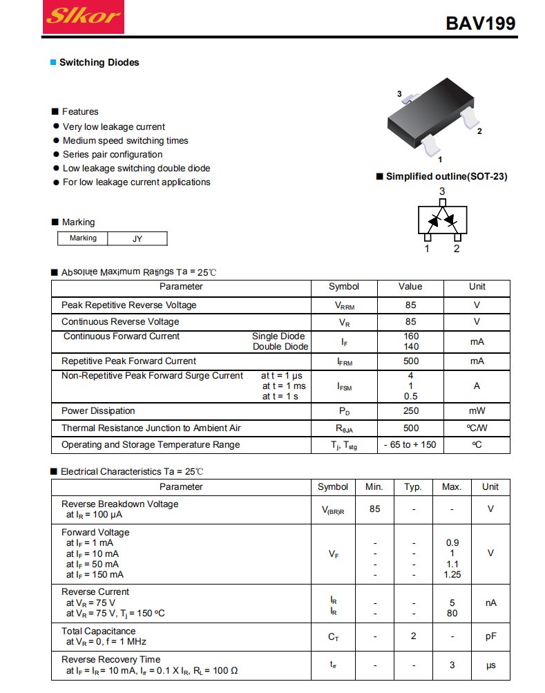 semi_tronics's tweet photo. Slkor Recommendation Part 
Switching Diode PN: BAV99
Features:
VRM(V)：85V
IO(mA)：160mA
VF(V)：1.25V
IR(A)：80nA
trr(ns)：3ns
Package： SOT-23

#компоненты #esddiode #diode #slkor #Industrial #circuitboard #PCBA #switchingdiode #button #semiconductor #infineon #computer #switch https://t.co/8mLi3e1WrZ