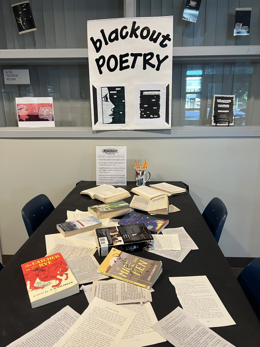 Celebrating #nationalpoetrymonth in the library with our #blackoutpoetry🖤✏️📖 creation station #knightsdoitright⚔️💜#myknightsarebooked📚