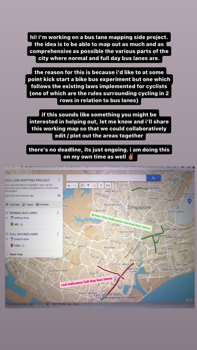 hi! i’m piecing together a map which plots out bus lanes in singapore for an upcoming bike bus project

to conduct this experiment i’m plotting routes around bus lanes given current laws

if you’d like to help out with plotting let me know i’ll share a link to edit together ✌🏽
