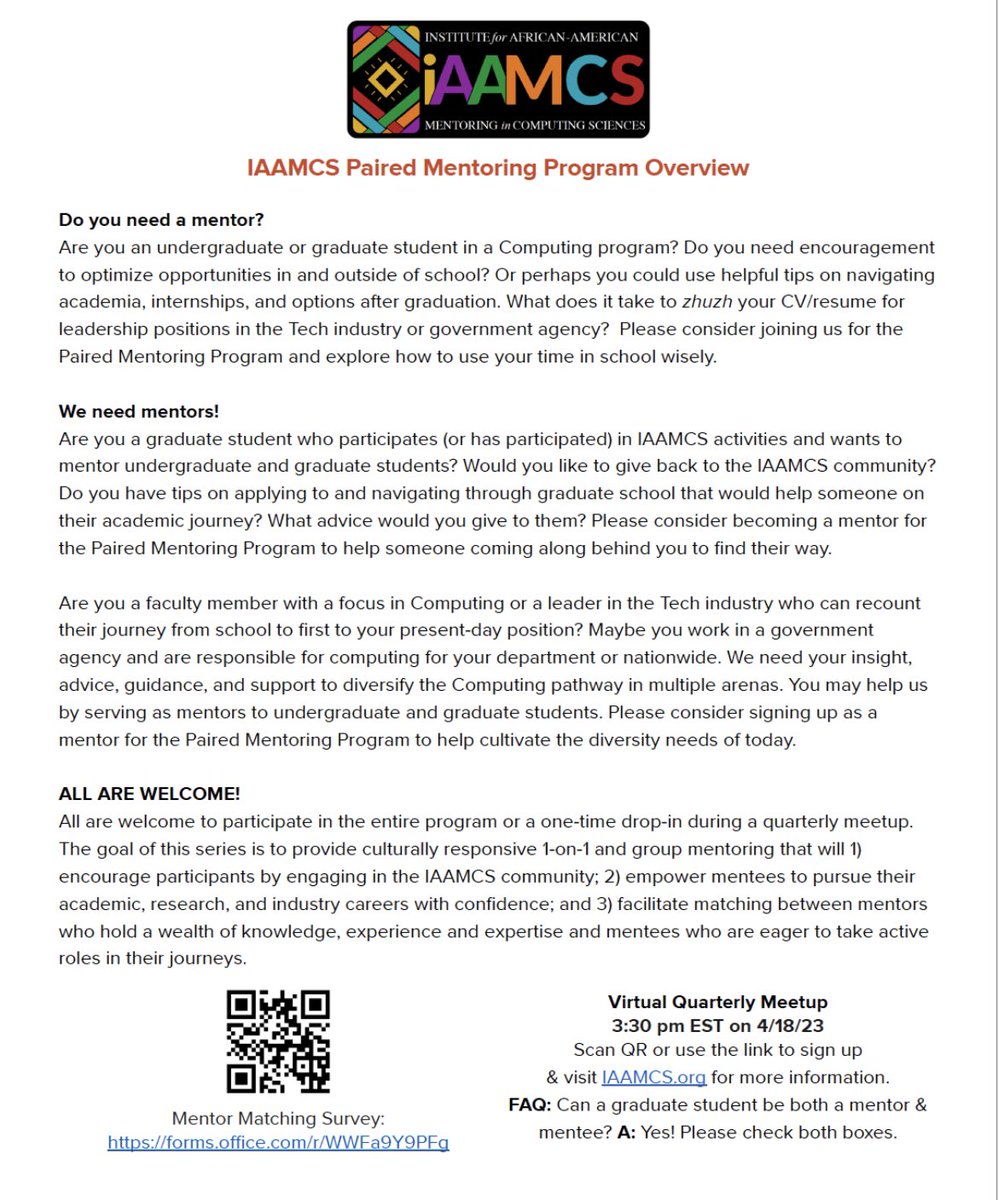 cheryldseals's tweet photo. IAAMCS is matching undergraduate &amp; graduate mentees with academic, industry &amp; graduate mentors. Please sign up (https://t.co/BnFRkxQ6Lm). Meet up is 3:30 pm on 4/18/23. Visit https://t.co/UOuYeekO4q for more information.
#mentoring #mentoringmatters #students #graduateschool https://t.co/AApdtcRAyC