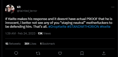 iAmFunnee's tweet photo. @tainted_terror hey #dropkwite #standwithorion, found another one that refuses to stay neutral and just says fuck you to people who are neutral https://t.co/kOvPmctqFg