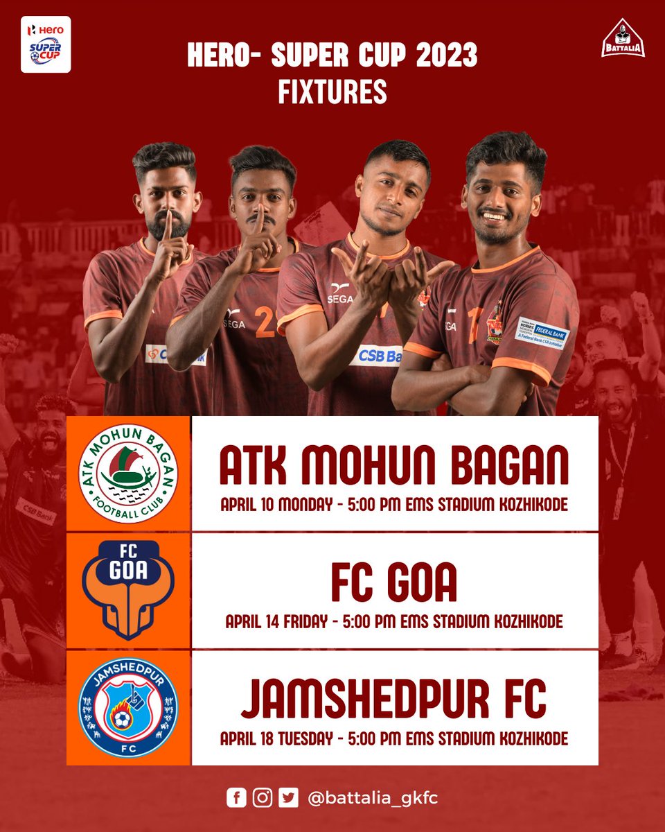 battalia_gkfc's tweet photo. 📋Take a look at the fixture of Hero Super Cup.

Join Battalia in East Upper Gallery and support Malabarians at their home in Kozhikode 

Group C : Gokulam Kerala FC , ATK Mohun Bagan , FC GOA, Jamshedpur FC

#BattaliaGKFC #GKFC #Malabarians #HeroSuperCup https://t.co/h8mxKDtwh6