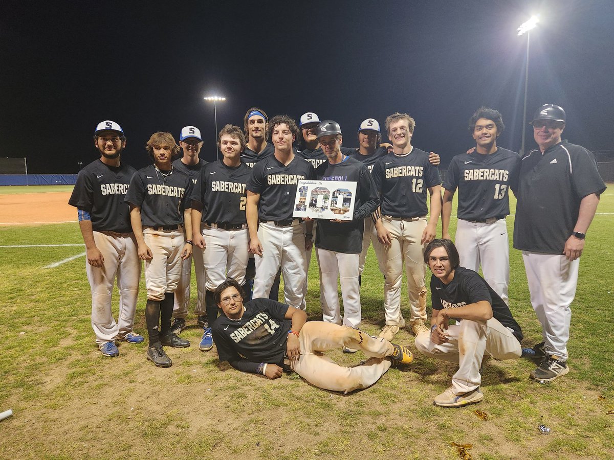 STFHSBaseball's tweet photo. This week Coach Sutterby celebrated his 100th win as Sabercat Baseball's head coach. Thank you to all of the past and present players, families, and fans. " It took a lot of people to get here. Thank you!" - Coach Sutterby https://t.co/p6iHyTOdm0
