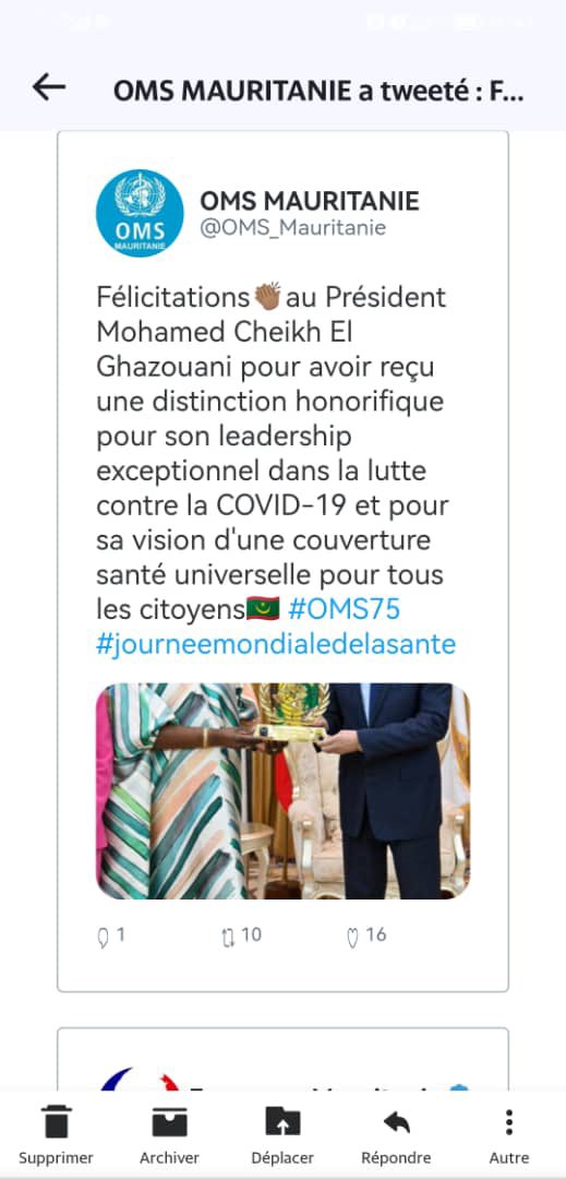 hodach4's tweet photo. In Mauritania, we are proud of the President of the Republic His Excellency  @CheikhGhazouani ani and we congratulate our nation on the honorary distinction from the World Health Organization for our leader’s exceptional leadership in the fight against COVID-19 @OMS_Mauritanie https://t.co/tzAMQKHZ53