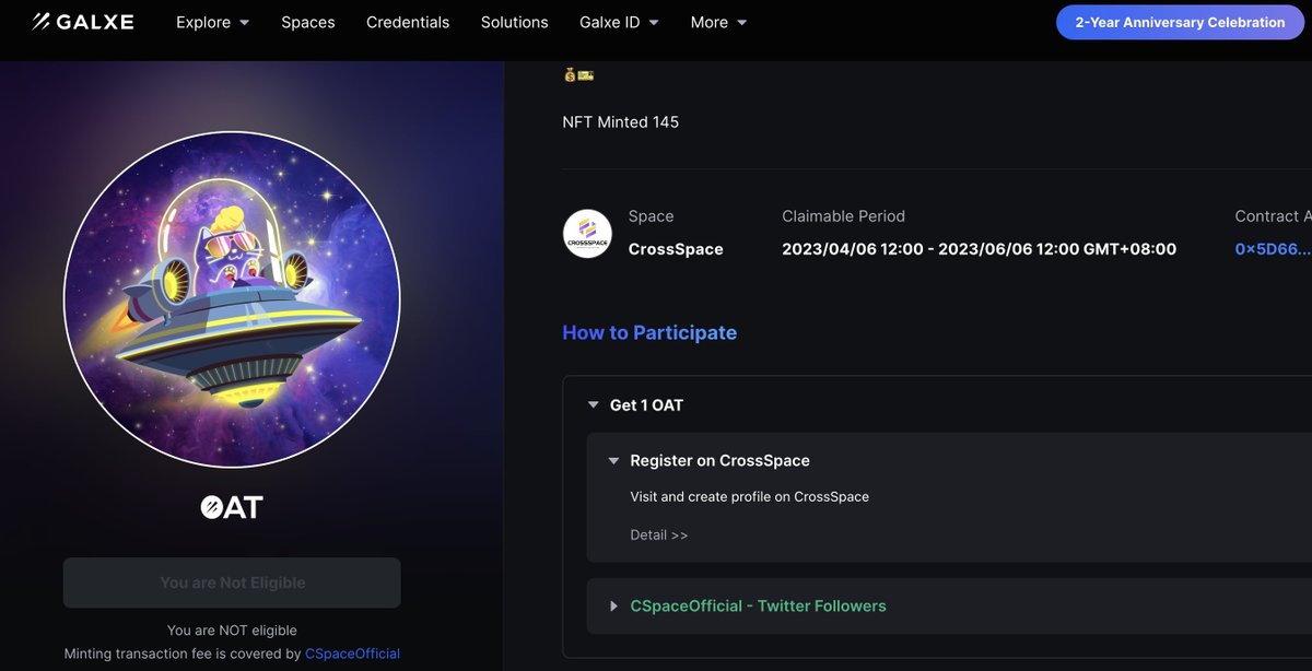 CoinToEarn's tweet photo. CrossSpace价值120000U的SBT NFT Free Mint,SBT分三个稀有等级你只需要
1.注册CrossSpace
https://t.co/Y0CfBlMBRl…
2.去银河免费领取
https://t.co/ahVLQG3dYS…
这个不是广告哈,CrossSpace我自己有入驻在更新，一直也在跟进项目进度,很开心他们向前跨越了一大步,希望接下来越来越好！ https://t.co/JCtlZCPi7h