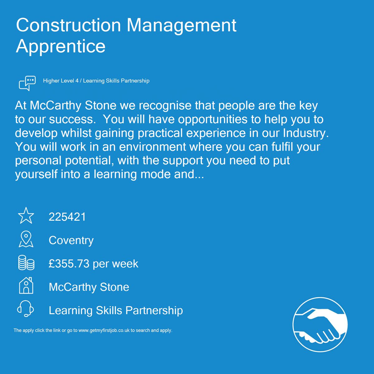 GetMyFirstJob's tweet image. Job alert! Apply now to become a Construction Management #apprentice from @LSP_Skills #LearningSkillsPartnership #McCarthyStone 👉 getmyfirstjob.co.uk/search/details…