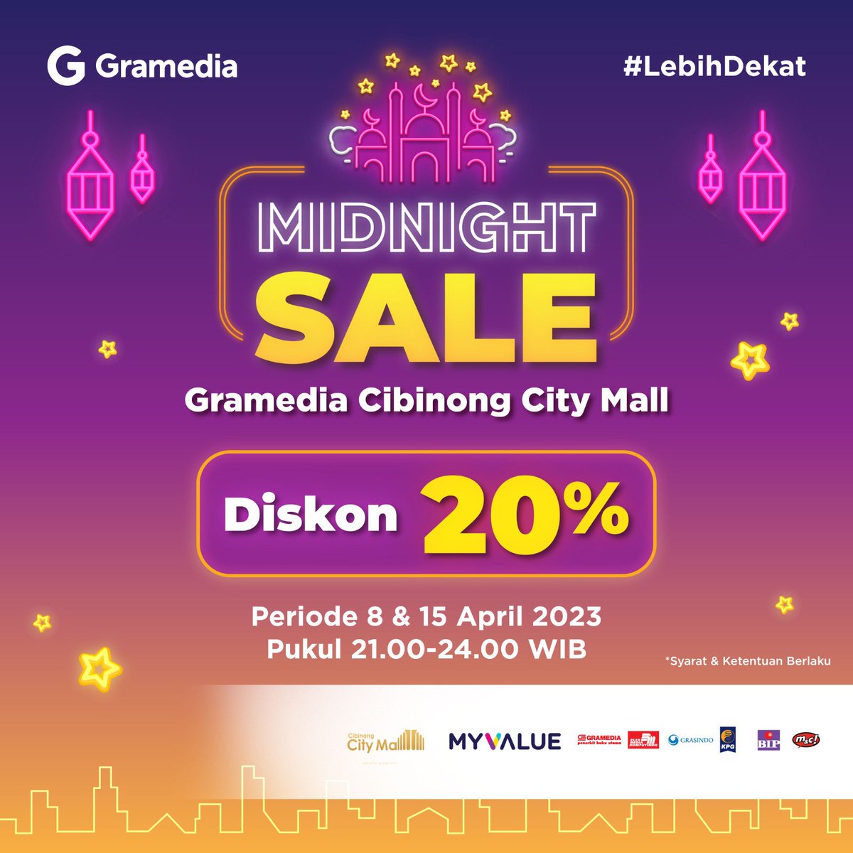 C_CityMall's tweet photo. Pas banget nihh, di tanggal 8 &amp; 15 April 2023 akan ada Program *MIDNIGHT SALE* Gramedia Cibinong City Mall dari pukul 21.00 - 24.00 WIB. 🌙🌃

Kamu bisa nikmati DISKON 20% untuk seluruh buku terbitan Gramedia tanpa minimum transaksi lhoo! ✨ https://t.co/BuLv7QOXk9