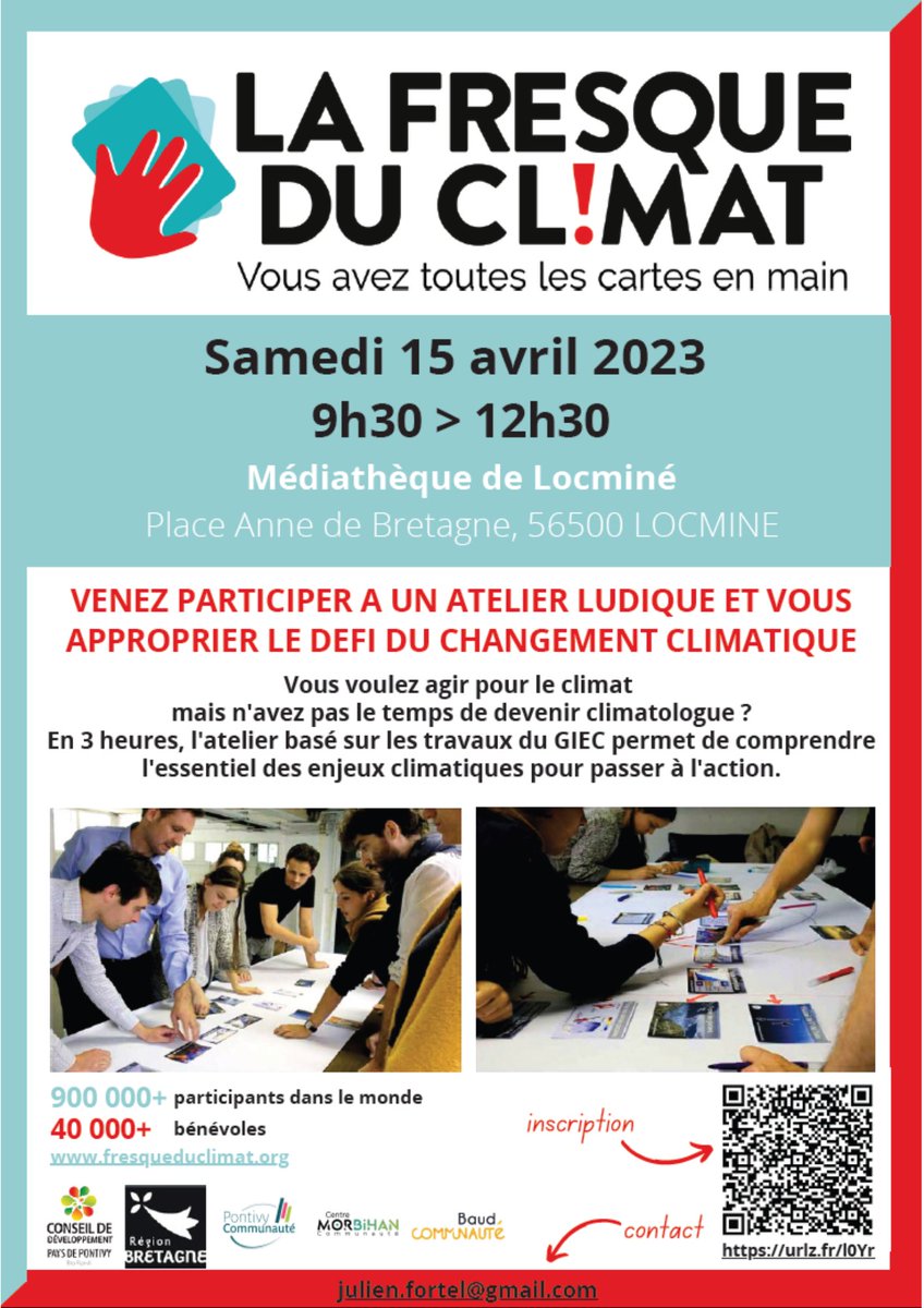 Envie de comprendre l'essentiel des enjeux du changement climatique pour passer à l'action ? 

Venez participer à l'atelier Fresque du Climat à la Médiathèque de Locminé le samedi 15 avril prochain de 9h30 à 12h30.

Inscription : association.climatefresk.org/training_sessi…