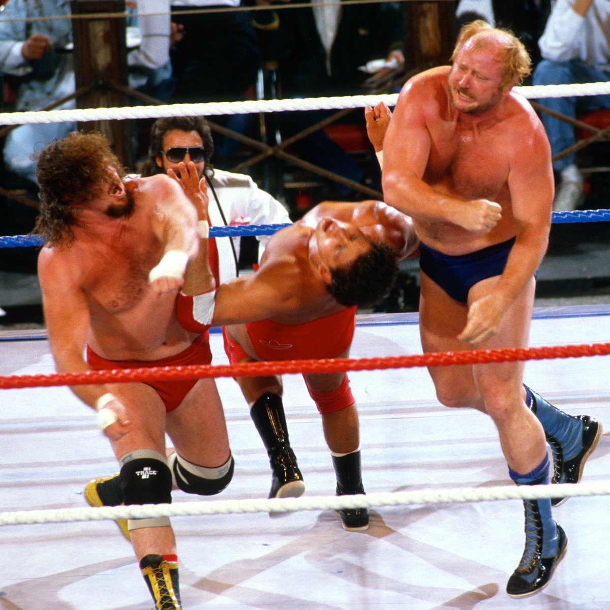 WWFWrestling1's tweet photo. 📸 WWF Action Shot! #WWF #WWE #WrestleMania2 #JimmyHart #TitoSantana #HossFunk #TerryFunk https://t.co/V6RZ6cTo6C
