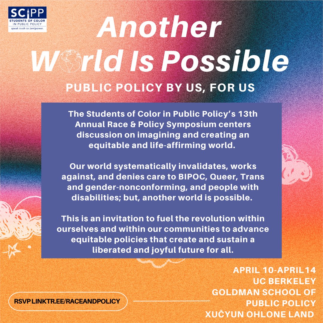 scipp_gspp's tweet image. We are so excited to announce our 13th annual Race and Policy Symposium! 

We have an exciting lineup of speakers and events. 

Save the date and share with your friends! 

#RaceAndPolicy #EquityInPolicy #StudentsOfColor #Community #Symposium