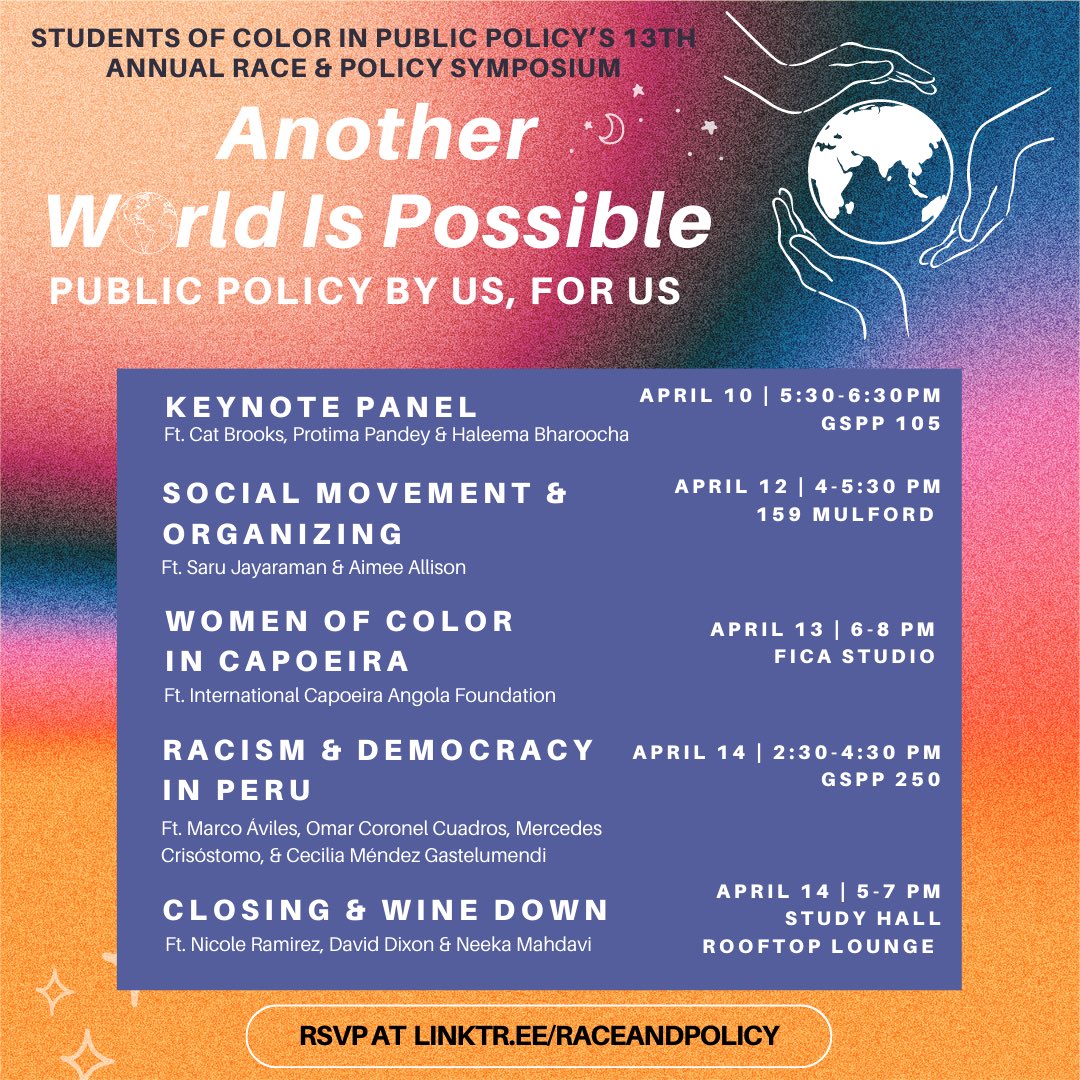 scipp_gspp's tweet image. We are so excited to announce our 13th annual Race and Policy Symposium! 

We have an exciting lineup of speakers and events. 

Save the date and share with your friends! 

#RaceAndPolicy #EquityInPolicy #StudentsOfColor #Community #Symposium