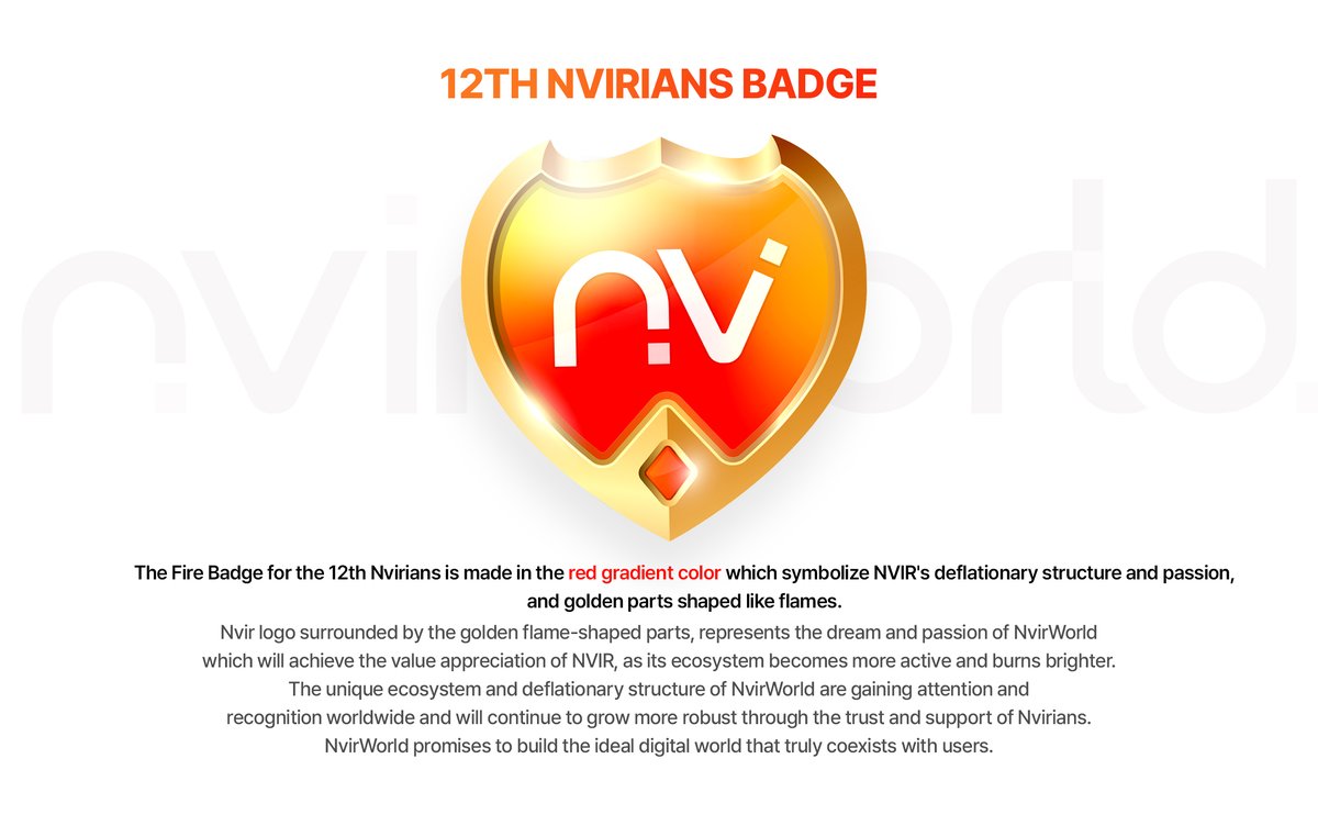NvirWorld's tweet photo. 🎖12TH NVIRIANS BADGE🎖

The Fire Badge for the 12th #Nvirians is made in the red gradient color which symbolize #NVIR's deflationary structure and passion, and golden parts shaped like flames.

#NvirWorld promises to build the ideal digital world that truly coexists with users. https://t.co/xOGsRTJtxj