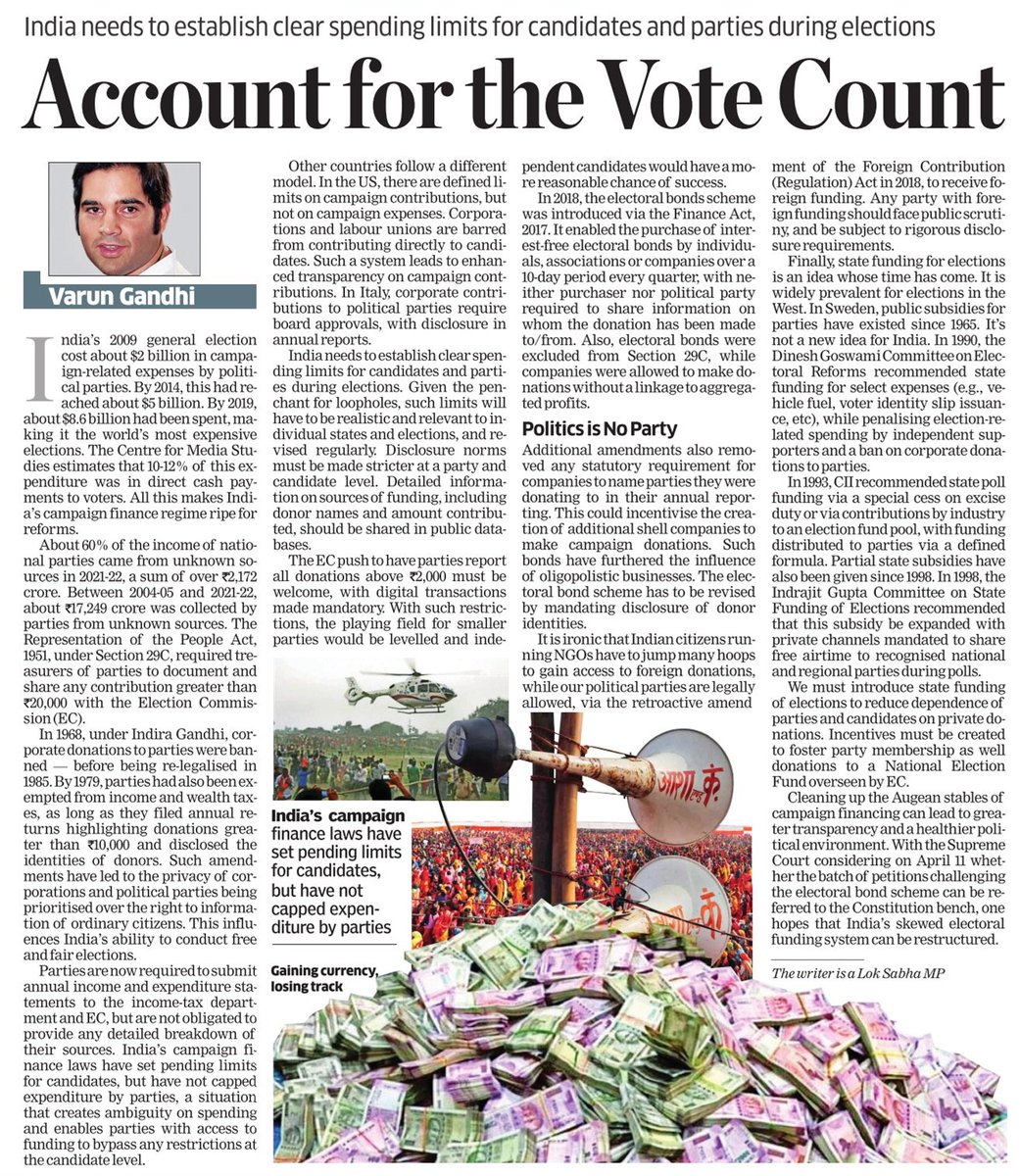 varungandhi80's tweet photo. India's elections are already the most expensive in the world. The issue of  campaign financing needs to be urgently addressed, in order to limit the influence of money in our democracy. 

My article in The Economic Times today. 

https://t.co/P3MmoTmAFG https://t.co/Wmxa67R3Qd