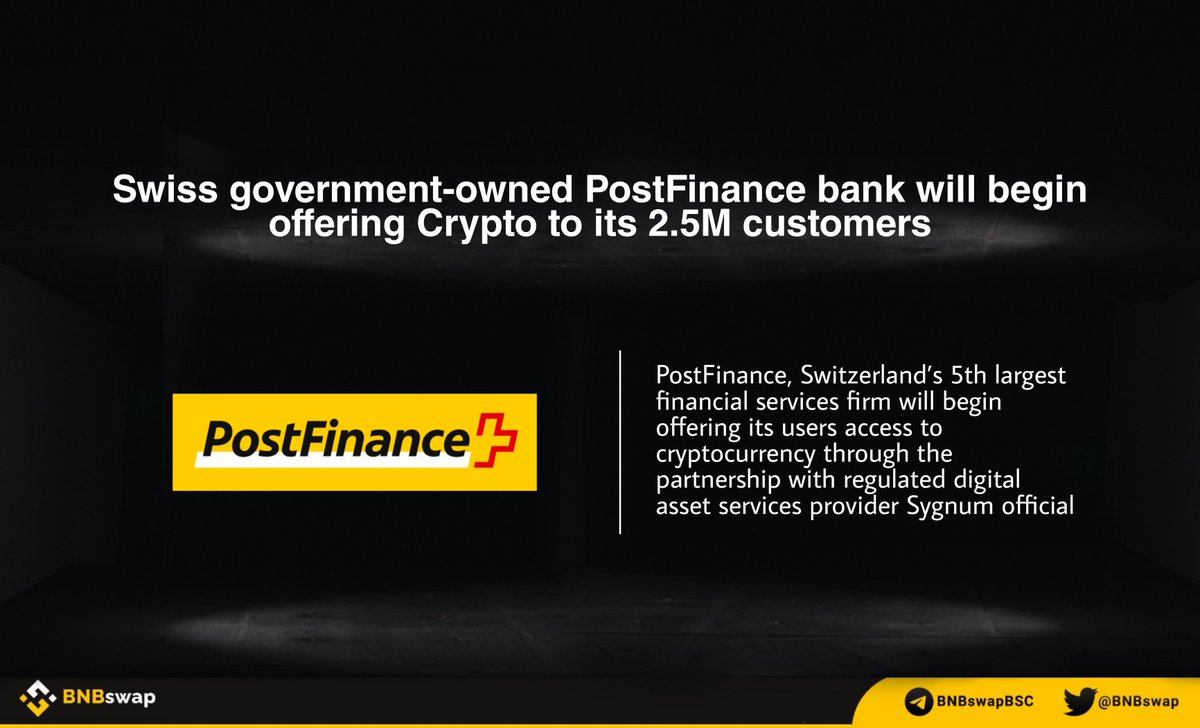 📢 Swiss 🇨🇭 government-owned <a href="/PostFinance/">PostFinance</a> bank will begin offering #Crypto to its 2.5M customers 

PostFinance, Switzerland’s 5th largest financial services firm will begin offering its users access to #cryptocurrency through the partnership with regulated digital asset services