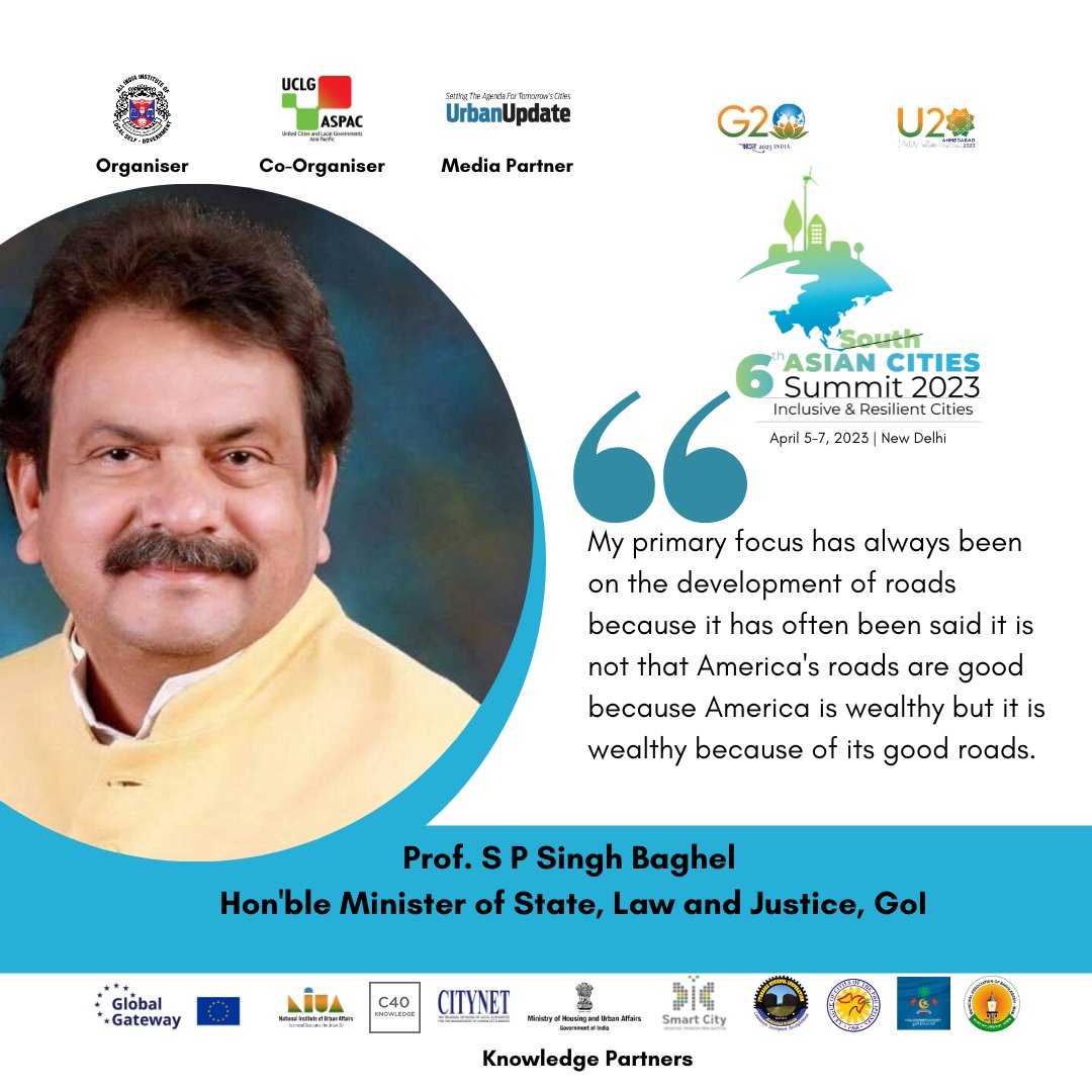Prof. S P Singh Baghel, Hon'ble Minister of State, Law and Justice, Govt. of India addressed in Technical Session 3: India's Urban Transformation in the 6th Asian Cities Summit at Aloft by Marriott, New Delhi.

#6thACS #AsianCitiesSummit #ACSNewDelhi #InclusiveandResilientCities