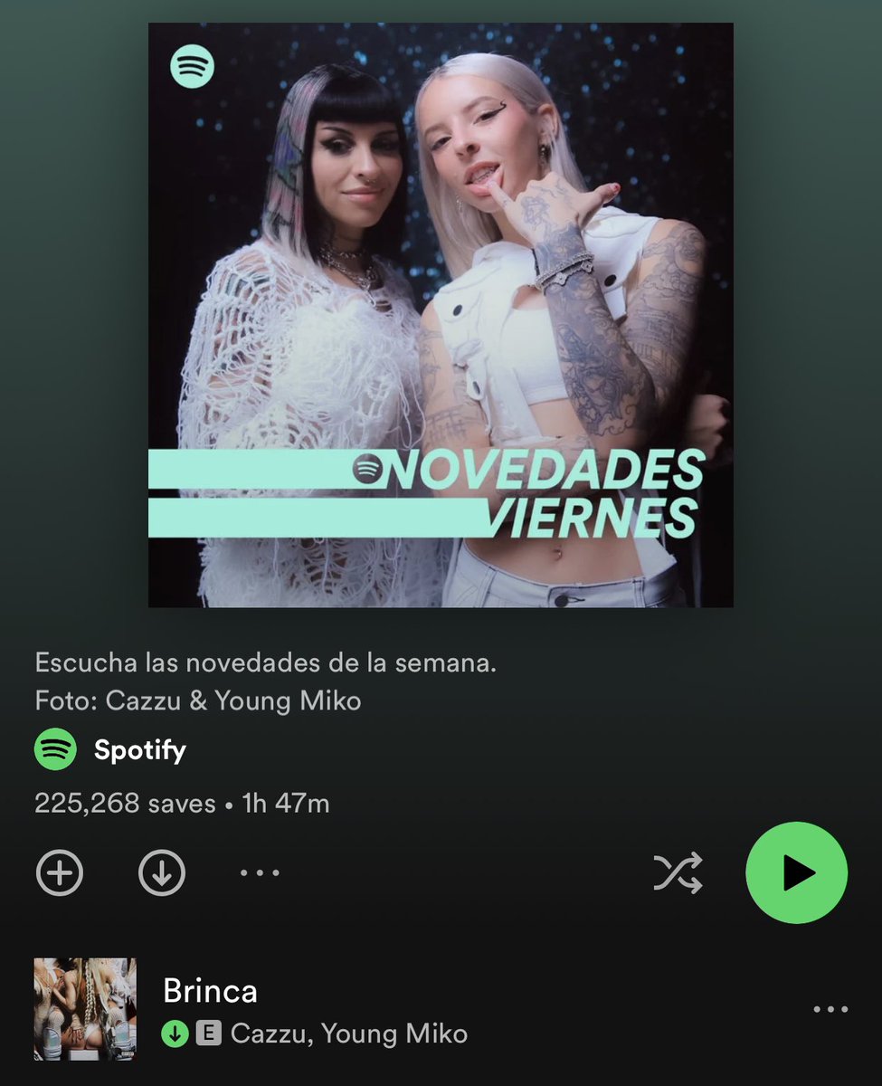ChartsMiko's tweet photo. Cazzu y Young Miko son portada de la playlist “Novedades Viernes Cono Sur”. Además “Brinca” se encuentra en primera posición. https://t.co/v0W1EYnGEY
