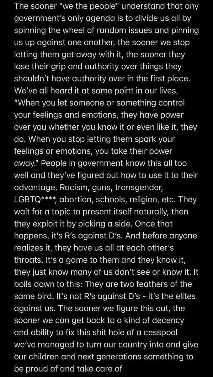 STOP GIVING THE ELECTED PEOPLE IN OFFICE THE POWER OVER YOU WHICH HAS BEEN PLACED THERE WITH ILL INTENTIONS. Remember, it’s a game and sadly, they are winning. Let’s take that power back.