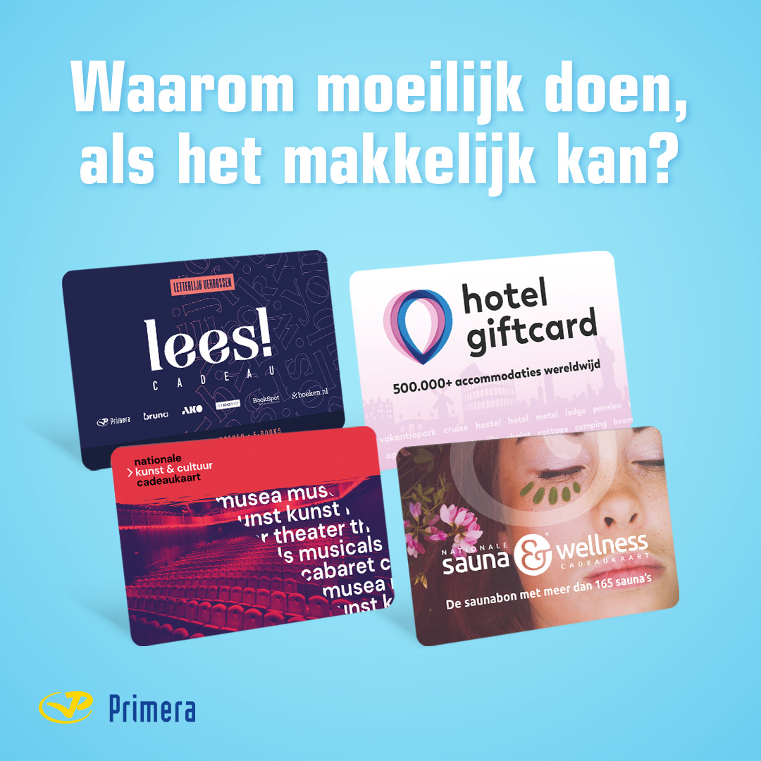 Kies een cadeaukaart, schrijf een kaartje en wij pakken 't gratis voor je in! Makkelijk hé? Ga bijvoorbeeld voor een Lees! Cadeau, hotel giftcard, Nationale Kunst &amp; Cultuur cadeaukaart of Nationale Sauna &amp; Wellness cadeaukaart.

Bekijk alle cadeaukaarten: bit.ly/3KD26U7