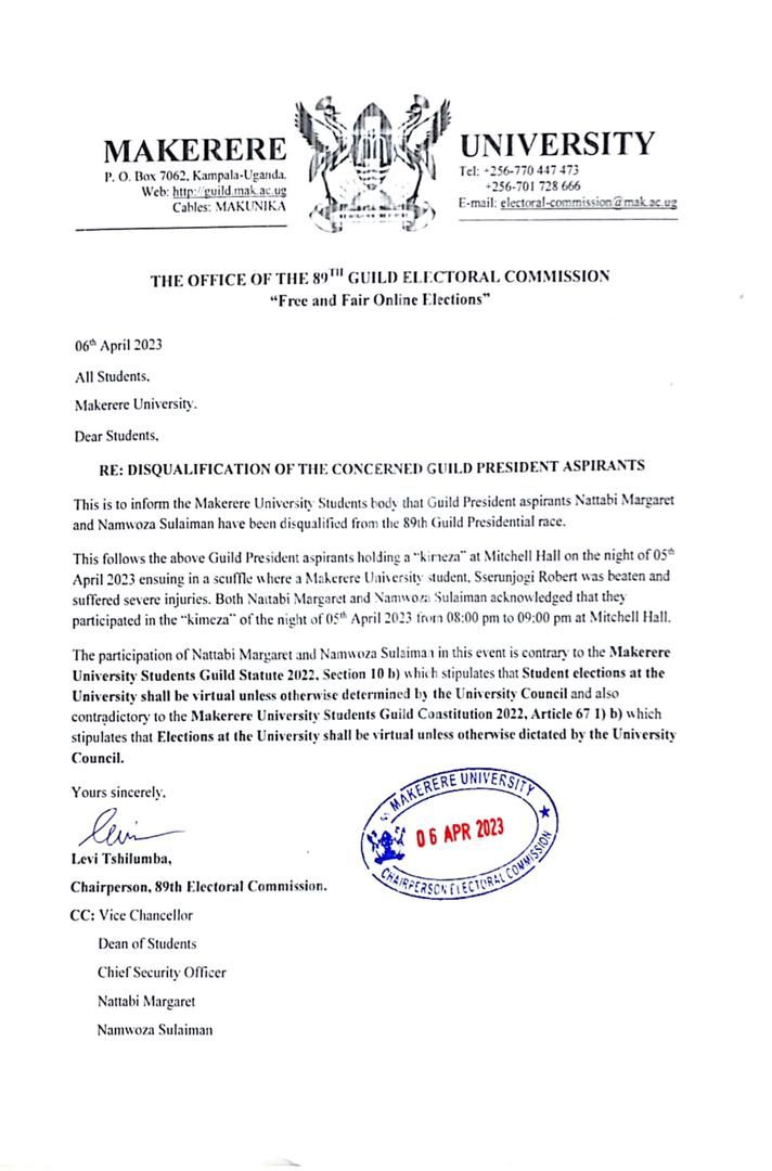 .<a href="/NUP_Ug/">National Unity Platform</a> candidate Nattabi Margaret disqualified from the Makerere University Guild Election over a 'Kimeza' contrary to a crazy statute that bans political parties and makes elections virtual! Other candidates asked to distance selves from parties, esp NUP or be disqualified!
