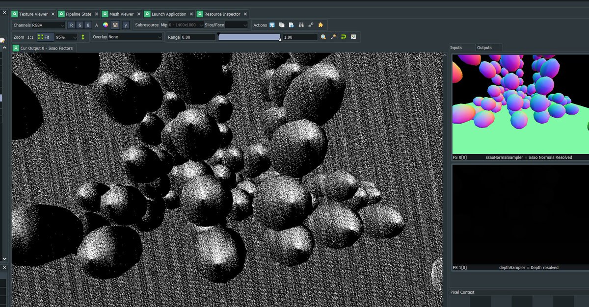 OlexGameDev's tweet image. Screen-space ambient occlusion from scratch: and there comes that moment when #Vulkan finally shows you first visual feedback of the ssao factor come alive in an attachment, and it&apos;s both beautiful and ugly. Thank you, #renderdoc. Onto adding blur. #gamedev