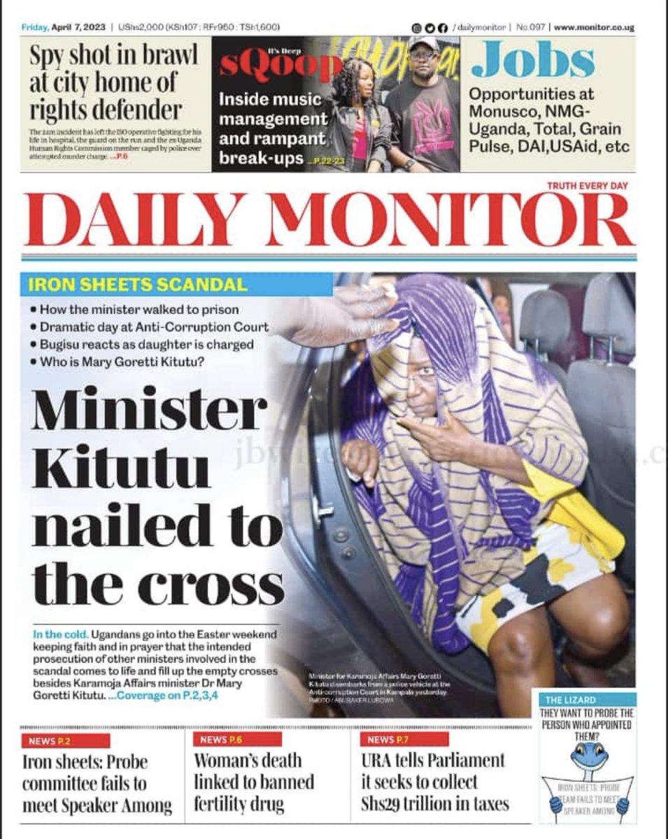 Kudos to the @DailyMonitor editor for ‘nailing’ this headline on a Good Friday and to @abubakerlubowa for capturing a shot that couldn’t have been more perfect for the story. #daytwojournalism @DamaliMukhaye @AtukundaNobert @MissMuhindo @glorianakajubi @ACME_Uganda @katusiim3