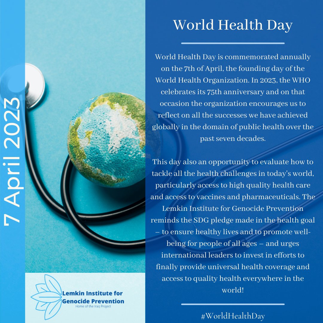 LemkinInstitute's tweet photo. For World Health Day the @LemkinInstitute celebrates the 75th anniv. of the  @WHO. With our #genprev work we also join the mission to achieve  #HealthForAll. Access to health care is one of the most important forms of human security, contributing to a more peaceful world. #WHO75 https://t.co/ohlgbtmHWm