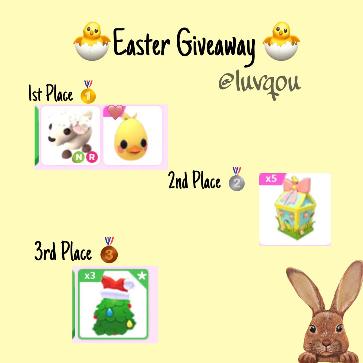 luvqou's tweet photo. ⊱ 🐑⤻☁️Easter Giveaway ‧₊˚ : 🐰

3 prizes for 3 winners 🐣

♡1: NR Lamb + Easter Egg 🥚 
♡2: 5 Ducklings Boxes
♡3: 3 Fool Eggs 
Rules ★
-Like &amp; Rt
-Follow Me (@luvqou) 

Ends 🗓️: On Easter Day ⭐️

#adoptmetrade #adoptmetrades https://t.co/MpTh5M6E3T