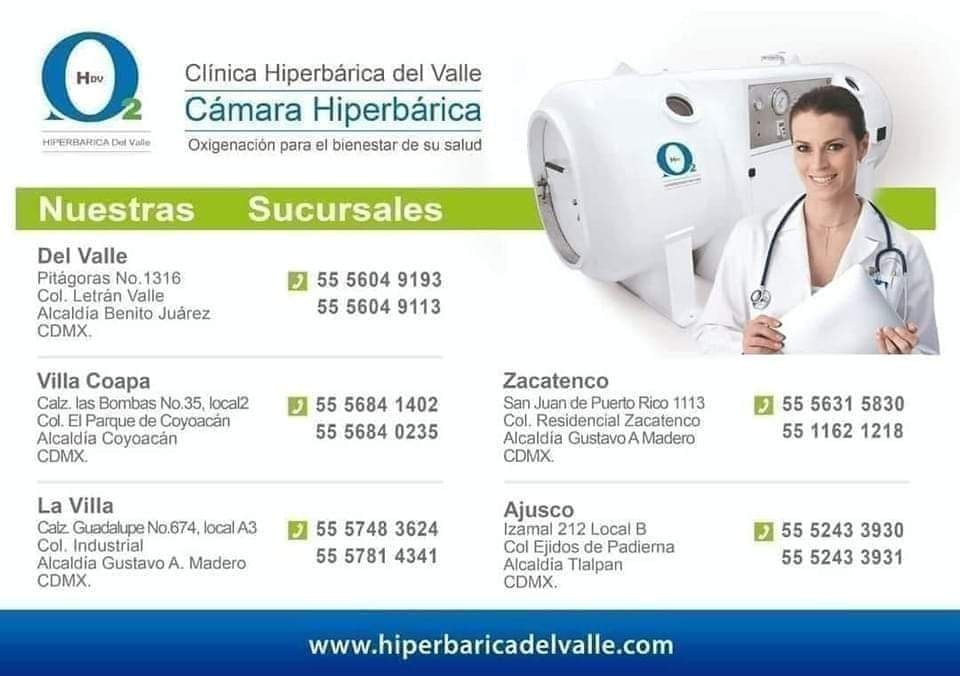 HBOT_Mexico's tweet photo. AGENDA UNA CITA EN NUESTRAS SUCURSALES  CDMX!! https://t.co/8qIWI4ABKV
#camarahiperbarica #oxigenación #diabetes #cicatrización #cdmx #rehabilitación https://t.co/0PCUnqH0YN