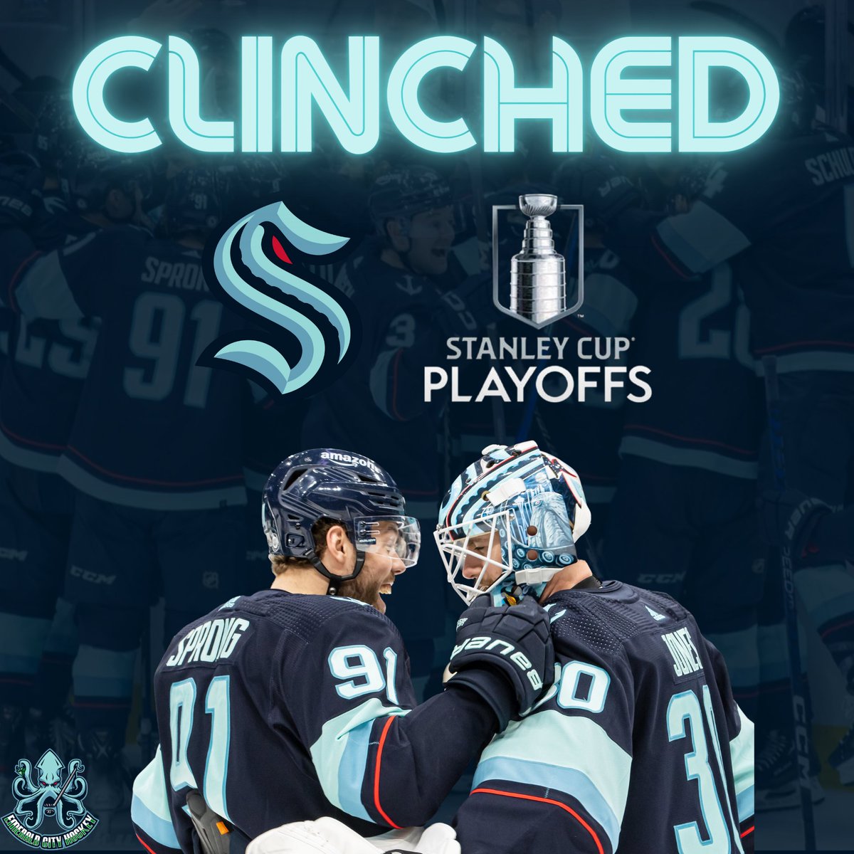 EmeraldCityHky's tweet photo. The #SEAKraken have clinched their first ever trip to the Stanley Cup Playoffs! https://t.co/MevWHCMZEJ