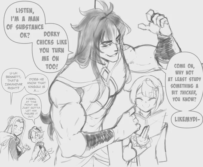 Ray said misogyny hours so here's her harbinger himbo Isky rizzing up some random Liyue chick 