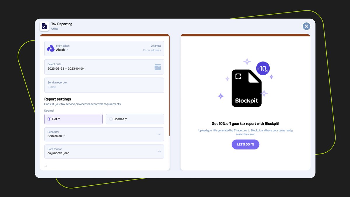 CitadelOne_'s tweet image. ⁃ Intuitive and easy-to-use interface 
⁃ Instant export in convenient CSV format 
⁃ Ability to change report settings in accordance with a tax service provider&apos;s requirement

#taxreporting #cryptotax #blockpit