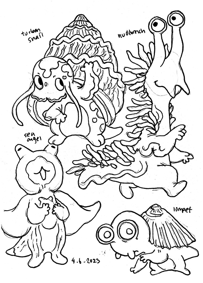 Assorted denizens of slug city! Noodled around with character designs of various inverts. Featured: bivalves, cephalopods, cnidarians, gastropods 