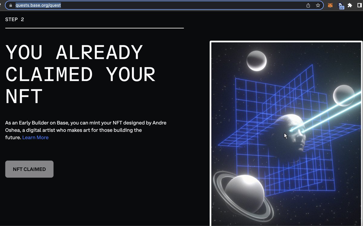 BuildOnBase 💡 领取NFT 🔹部署完成后，在自己小狐狸钱包找到tx链接，然后复制自己刚部署到合约地址🔹打开⛓️：  https://t.co/aYZtw71sgA 🔹填写自己的合约地址，验证无误，领取NFT 🔹等主网上线，领第二枚