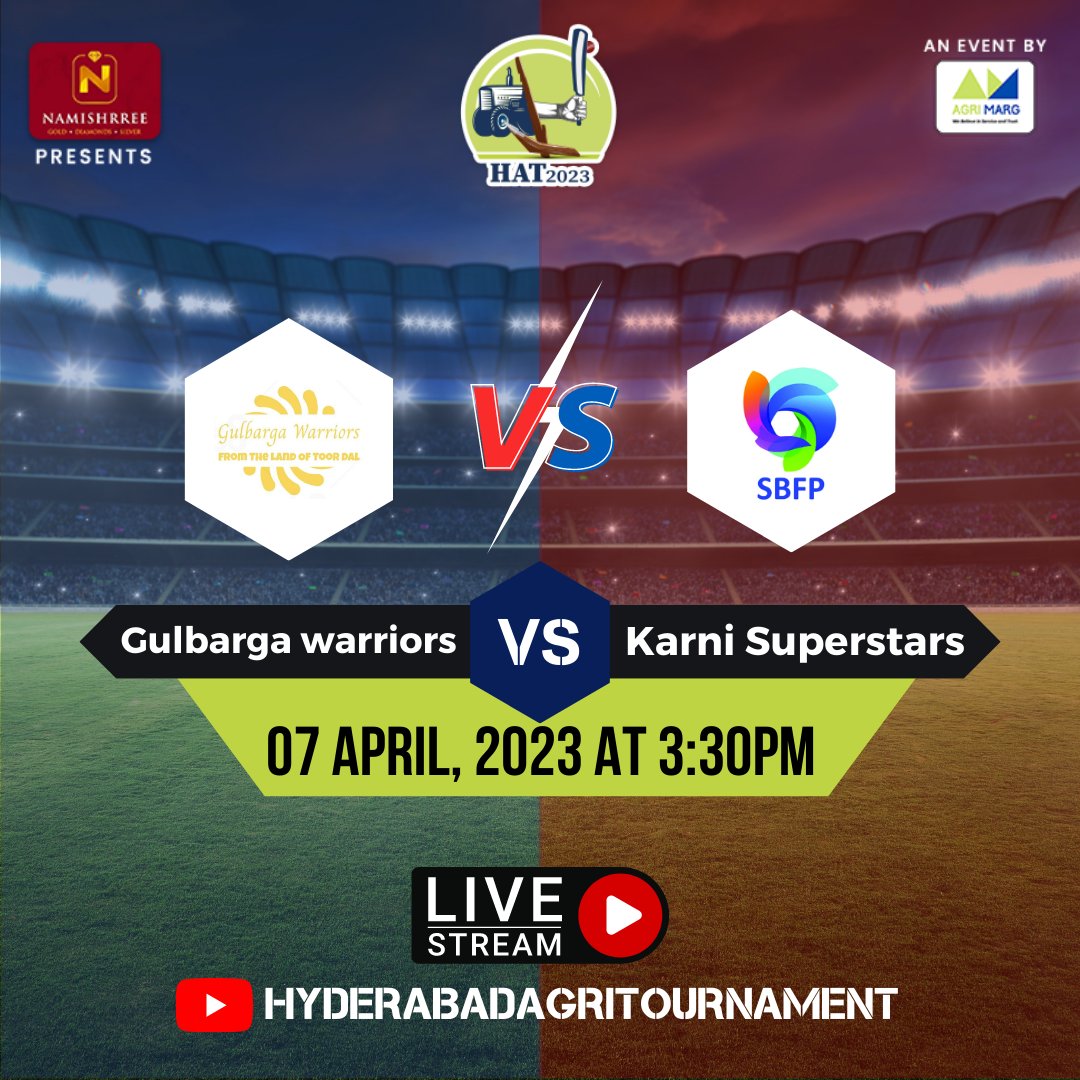 AgriTournament's tweet photo. Match 5: Team Gulbarga Warriors and Team Karni Superstars
Who will come out on top? Which team will you be rooting for? 
Link in Bio!
#hat2023 #agrimarg #agritournament #cricket
#Crickettournament #hyderabad #GulbargaWarriorsvsKarniSuperstars #matchday https://t.co/X0TIoEudaQ