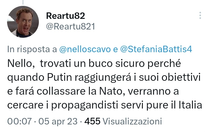 A occhio direi che @Reartu821 si è appena offerto volontario per guidare i russi nei rastrellamenti.
Speriamo che la NATO non collassi 🙄