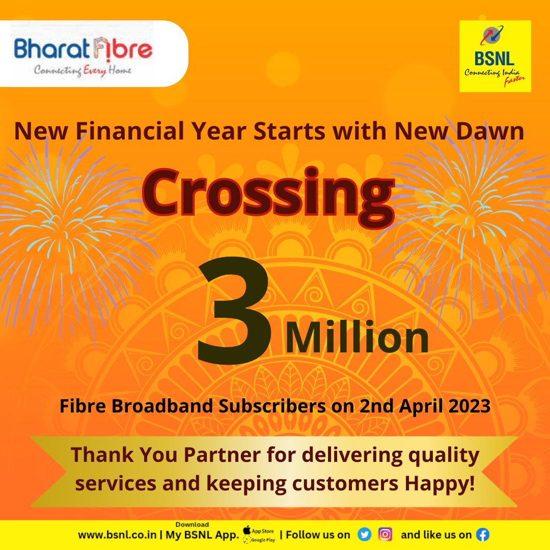 Chief General Manager (@cgm_mh_bsnl) on Twitter photo New Financial Year starts with a new dawn
Crossing Pan India 3 Million FTTH Mark.
Thank you Dear Customers, Channel Partner's,TIPs, Franchise for Patronage & Support.
Thanks to all BA teams & My MH Circle Team.
#BSNLFTTH
<a href="/CMDBSNL/">A. Robert Jerard Ravi</a> <a href="/BSNLCorporate/">BSNL India</a> New Financial Year starts with a new dawn
Crossing Pan India 3 Million FTTH Mark.
Thank you Dear Customers, Channel Partner's,TIPs, Franchise for Patronage & Support.
Thanks to all BA teams & My MH Circle Team.
#BSNLFTTH
<a href="/CMDBSNL/">A. Robert Jerard Ravi</a> <a href="/BSNLCorporate/">BSNL India</a>