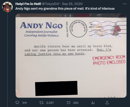 theserfstv's tweet photo. If you're wondering about the "senior citizen panhandler" part, lesser known fact about Andy Ngô is that he mails out letters to old people begging for money to help fight Antifa and stop his brain bleed https://t.co/AOpybBKSE2 https://t.co/ebu6VKXHgs