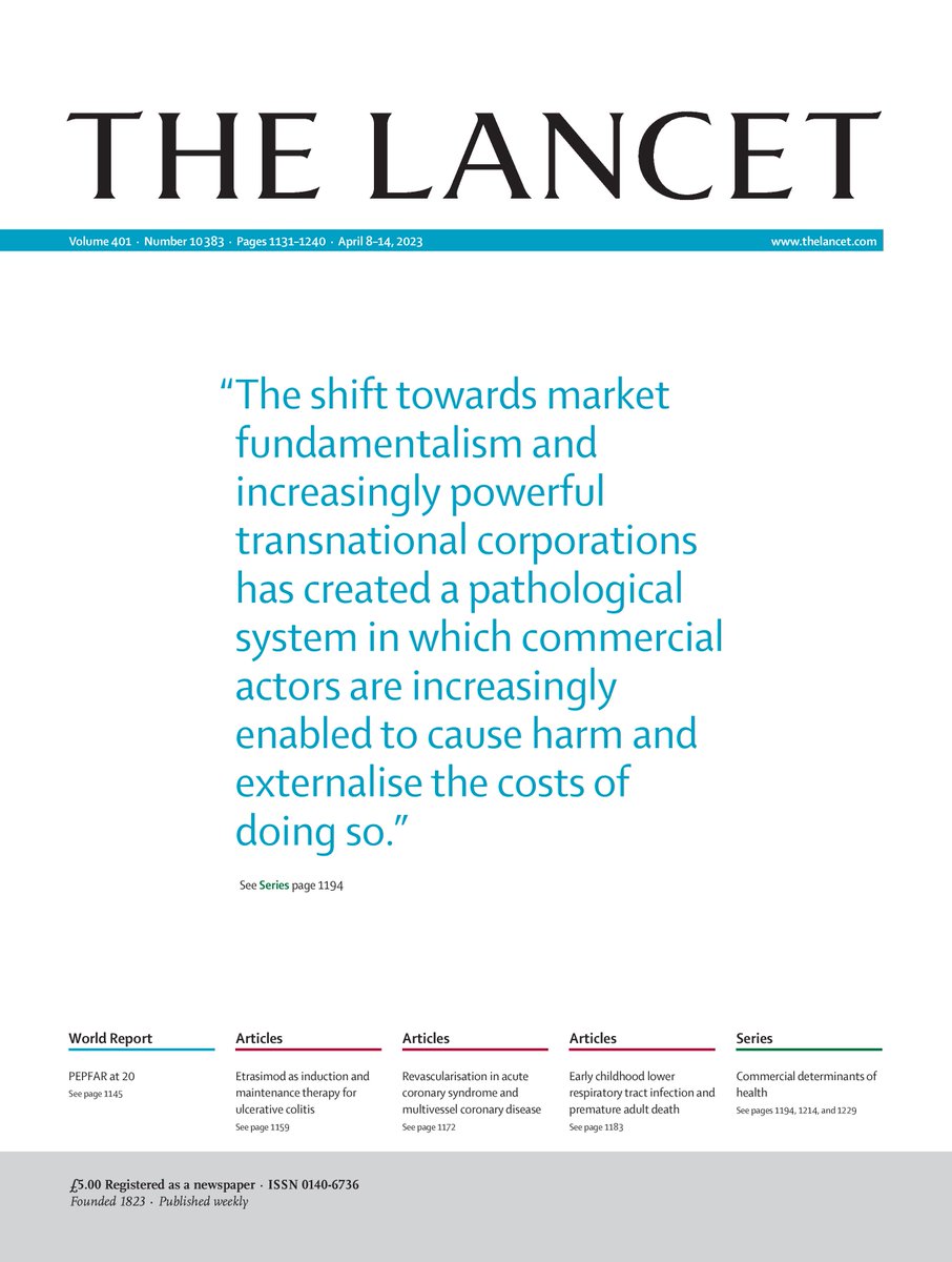 The escalating rates of avoidable ill health, planetary damage, and inequity caused by some commercial actors demand a commensurate response.

Making the cover this week, a new Lancet Series on commercial determinants of health. hubs.li/Q01KFz8Y0