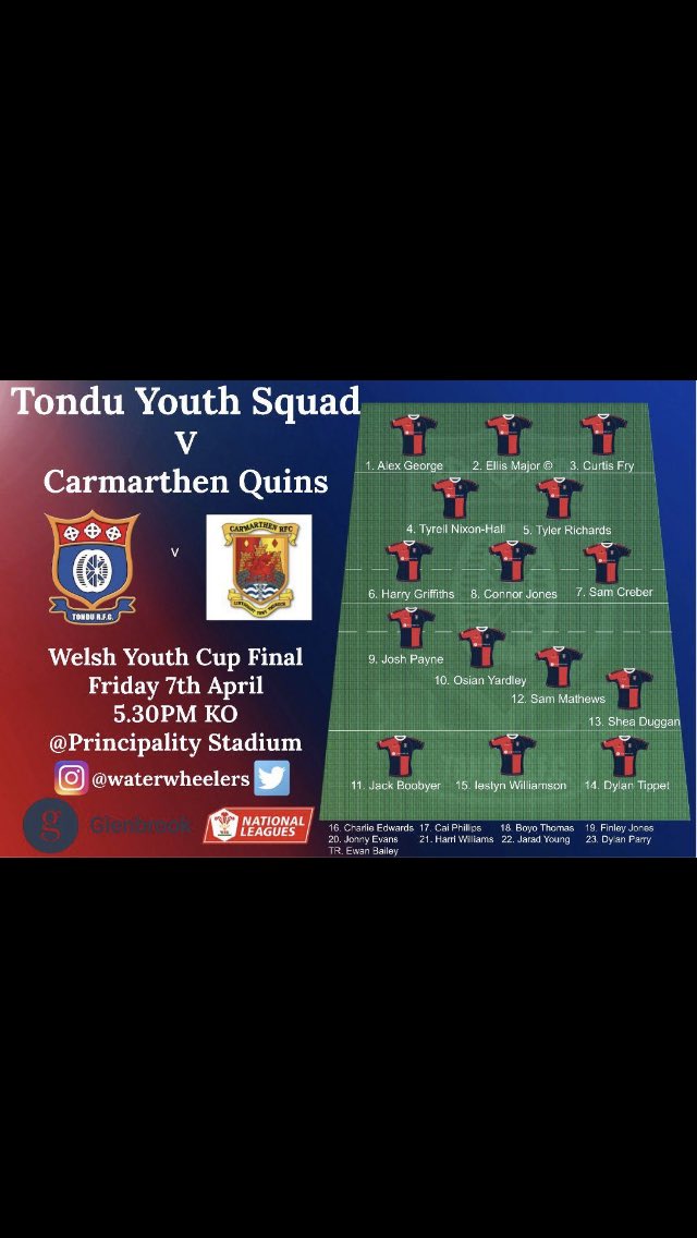 tondurfcyouth's tweet photo. @tondurfcyouth side to face @CarmarthenQuins youth in the Welsh cup final today…Thanks to all the  @WaterWheelers supporters who are coming up to watch the boys, we have 8 full busses going up to @principalitysta good luck boys. #oneclub #wheelers #ole ❤️💙 https://t.co/eFTMTXPQca