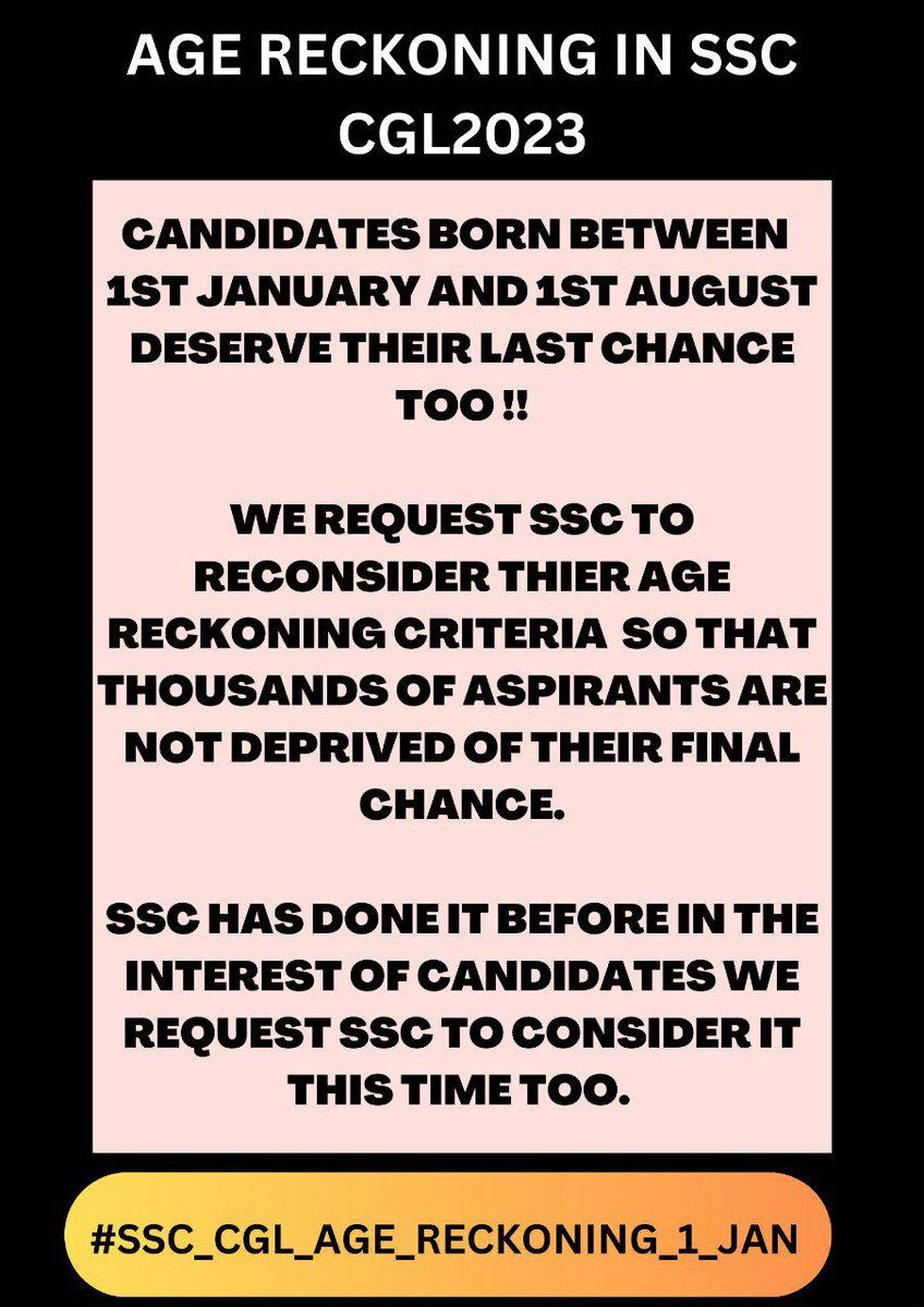 SachinK92886782's tweet photo. We lakhs of students request SSC to consider SSC CGL age reckoning date as 1 Jan 2023. SSC Please take this step for the future of lakhs of students. #SSC_CGL_AGE_RECKONING_1_JAN

@narendramodi
@PMOIndia
@DrJitendraSingh
@DoPTGoI

join  
https://t.co/TNbxydqBxY https://t.co/H8S4ppxzDn