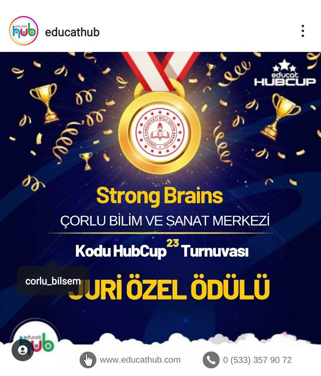 Öğrencilerim ödül kazandı🏅🏆🎉 Danışmanlığını yaptığım Çorlu Bilsem
Strong Brains Takımına Jüri Özel Ödülü! EducatHUB'ın organize ettiği Sürdürülebilir Çevre Temalı Kodu HubCup Turnuvasında İlkokul seviyesinde, Jüri Özel Ödülüne layık görüldük.Öğrencilerimizi tebrik ediyorum🏆🏅