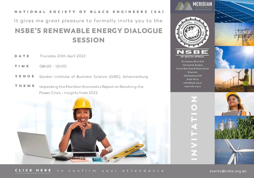 NSBEsa's tweet photo. The NSBE is hosting an in-person event at the Gordon Institute of Business Sciences (GIBS) in Johannesburg on April 20th to discuss the Meridian Economic Report on Resolving the Power Crisis: Insights from 2022. Confirm your attendance by reaching out to events@nsbe.org.za. https://t.co/QQKFUvUID7
