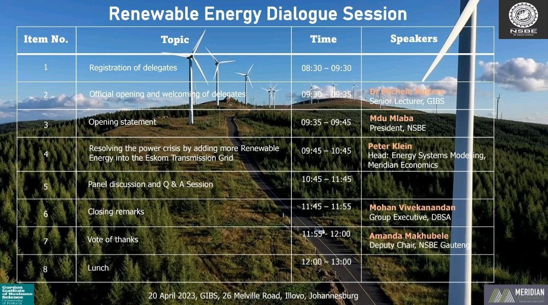 NSBEsa's tweet photo. The NSBE is hosting an in-person event at the Gordon Institute of Business Sciences (GIBS) in Johannesburg on April 20th to discuss the Meridian Economic Report on Resolving the Power Crisis: Insights from 2022. Confirm your attendance by reaching out to events@nsbe.org.za. https://t.co/QQKFUvUID7